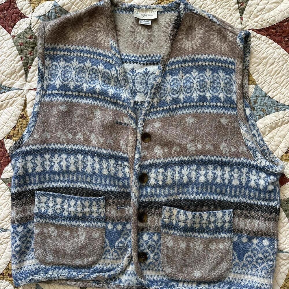 Vintage 90s brown & blue wool blend cottagecore boho granola vest